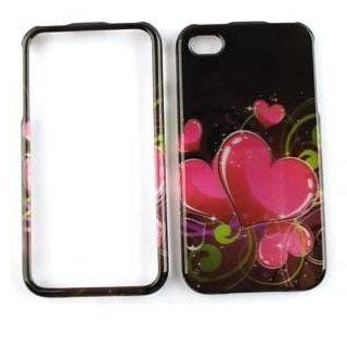 APPLE Iphone 4 4s Transparent Design Pink Hearts on Black HARD PROTECTOR COVER CASE / SNAP ON PERFECT FIT CASE Cell Phones & Accessories