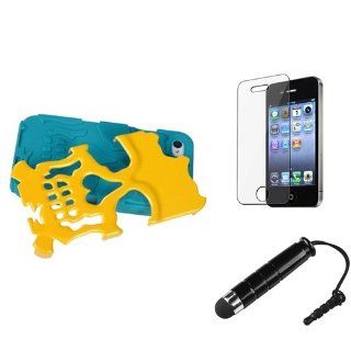 eForCity Pearl Yellow/Tropical Teal Skullcap Hybrid Case + LCD Cover + Mini Stylus compatible with iPhone 4S/4 Cell Phones & Accessories
