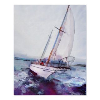 Simple watercolor and ink of Leaning Sailboat Poster