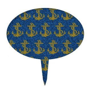 cool anchor pattern gold and blue glitter effects cake toppers
