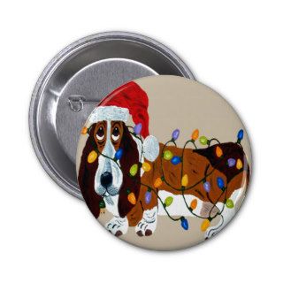 Basset Tangled In Christmas Lights Pinback Buttons