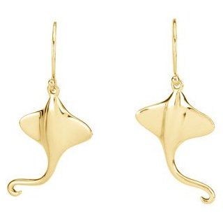 14K Solid Yellow Gold Stingray Dangle Earring Jewelry