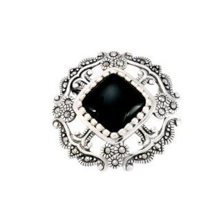 Sterling Silver Marcasite and Onyx Open Work Pin Jewelry