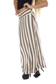 Long Striped Maxi Fold Over Waist Skirt   Mocha & White, Size   Small