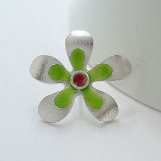 silver flower pin with enamel by anna clark studio
