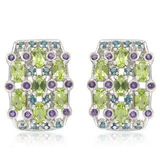 Sterling Silver Peridot, London Blue Topaz and Amethyst Cluster Omega Clip Earrings Jewelry