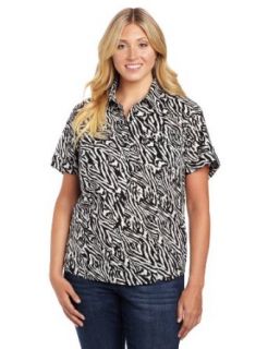 Jones New York Women's Plus Size Short Sleeve Camp Shirt, Black/Cream, 2X Button Down Shirts