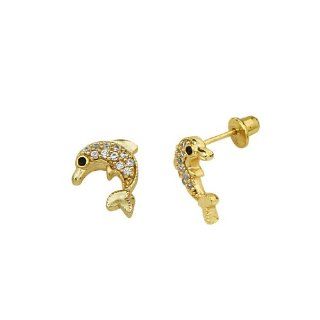 14K Yellow Gold Plated 10mm(H) x 8mm(W) CZ Dolphin Stud Earrings with Screw back for Children The World Jewelry Center Jewelry