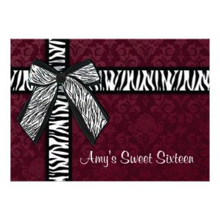 Sweet 16 Girly zebra ribbon & bow, purple damask Custom Invitations