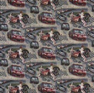 54" Wide A012, Racing Cars, Pit Crew, Finish Checkered Flag, Race Track, Themed Tapestry Upholstery Fabric By The Yard