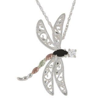 10k Black Hills Gold on Sterling Silver with 12k Gold Leaves Marquise and Round Onyx Dragonfly Pendant Necklace Women's Jewelry FREE STERLING SILVER CHAIN INCLUDED Jewelry