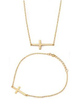 22mm Designer (Horizontal) Sideways Holy Cross 18K GOLD PLATED .925 Italian Sterling Silver w/ MATCHING Chain Necklace, Pendant, Bracelet SET GIFT Combo (Light weight/Feather weight Design) Jewelry
