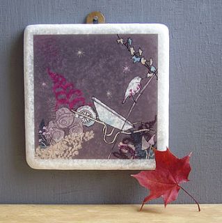 robin and wheelbarrow decorative marble tile by littlebirdydesigns