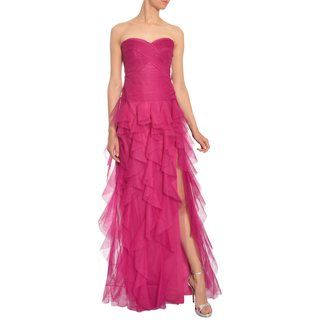 Women's Magenta Strapless Ruffle Pleated Tulle Evening Gown Prom Dresses