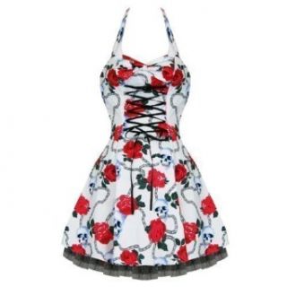 Damen Kleid Hearts And Roses London Weies Gothic Totenkopf Rosen Mini Party Ball Kleid   keine Angabe, EU 44   XL Bekleidung