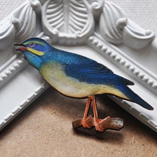 blue wooden bird brooch by artysmarty