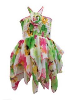 Lele Girls Green & Pink Floral Handkerchief Sun Dress 4T (3787) Playwear Dresses Clothing