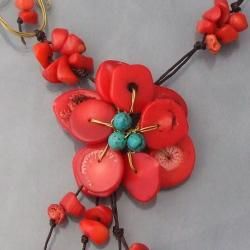Cotton and Brass Turquoise and Coral Flower Dangle Necklace (Thailand) Necklaces