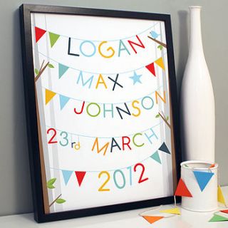 personalised bunting birth print by one little dicky bird