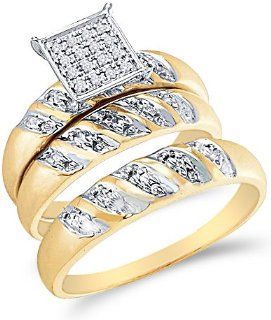 10k Yellow and White 2 Two Tone Gold Mens and Ladies Couple His & Hers Trio 3 Three Ring Bridal Matching Engagement Wedding Ring Band Set   Round Diamonds   Micro Pave Princess Shape Center Setting (.08 cttw) Jewelry
