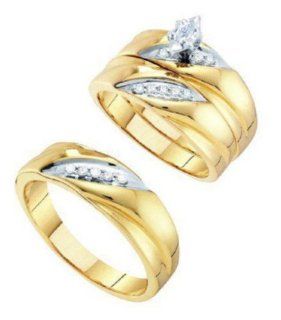 0.25 cttw 10k Yellow Gold Diamond Marquise Engagement Ring and Wedding Band Set Trio His and Hers Channel Setting (Real Diamonds 1/4 cttw, Ring Sizes 4 13) Jewelry