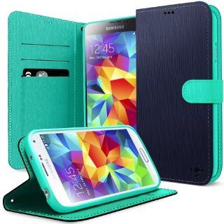 [Stand View] Caseology Samsung Galaxy S5 Premium PU Leather [Wallet Case] with Built in Media Stand, ID Credit Card / Cash Slots and Inner Pocket [Navy Blue / Turquoise Mint] (For Verizon, AT&T Sprint, T mobile, Unlocked) Cell Phones & Accessories