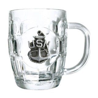 US Navy   Navy Chief's Anchor Pewter Crest on 20oz Glass Dimpled Beer Mug  