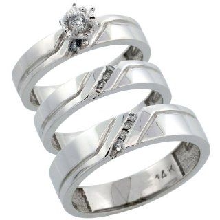 14k White Gold 3 Piece Trio His (5mm) & Hers (4mm) Diamond Wedding Ring Band Set w/ 0.19 Carat Brilliant Cut Diamonds; (Ladies Size 5 to10; Men's Size 8 to 14) Jewelry