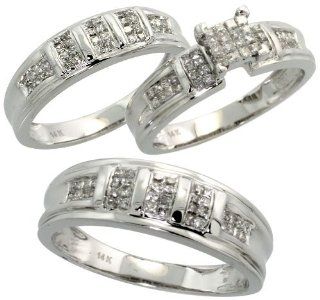 14k White Gold Trio 3 Piece His (7mm) & Hers (5mm; 6mm) Wedding Band Set, w/ 1.10 Carats Invisible set Diamonds; (Men's Size 9 to 12), size 8 Jewelry