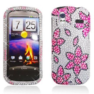 Pink Flower On White With Full Rhinestones Faceplate Hard Plastic Protector Snap On Cover Case For HTC Amaze 4G Cell Phones & Accessories