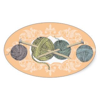 Custom color hand drawn knitting needles yarn card oval stickers