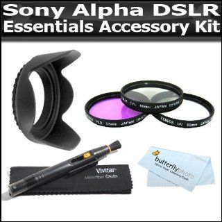 Essentials Filter Accessory Kit For Sony A99, A55, A58, A57, SLT a35 DSLR SLT A55, SLT A33 SLTA35K A65 SLT A65V SLT A57 SLT A58K, SLT A99V, SLT A99 Digital Camera Includes 55mm Lens Hood + 55mm 3pc High Resolution Filter Kit + Lens Pen Cleaning Kit + More 