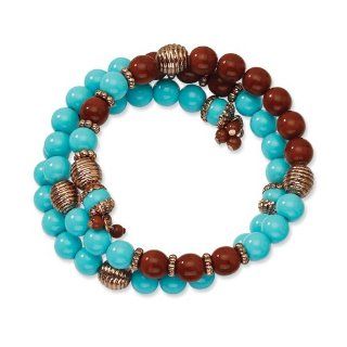 Copper tone Aqua & Brown Beads Wrap Bracelet Jewelry