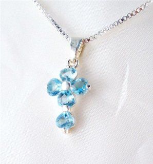Birthstone March Blue Crystal Hearts Sterling Cross Necklace, 18" Jewelry