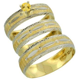 10k Gold 3 Piece Trio Yellow Sapphire Wedding Ring Set Him & Her 0.10 ct Rhodium Accent Diamond cut Pattern, Ladies Size 5 Jewelry