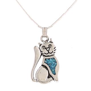 Southwest Moon Sitting Cat Turquoise Inlay Liquid Metal 16 inch Pendant Necklace Southwest Moon Gemstone Necklaces
