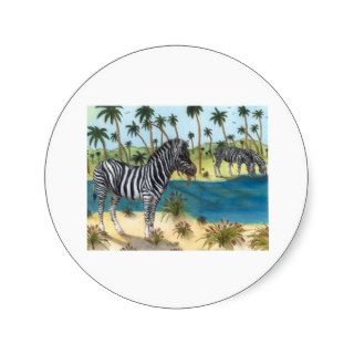 Zebras Pond Palm Trees Tropical Animal Art Round Sticker