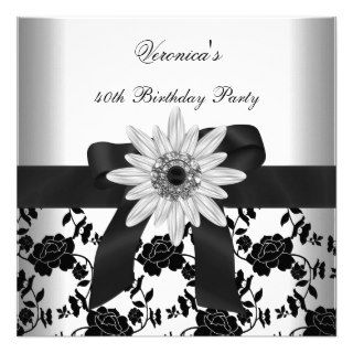 OLD Birthday Party Black White Flower Diamond Invitations