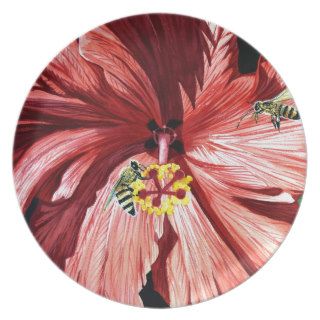Hibiscus 5, Bee,Red Flower, Garden, Watercolor Art Dinner Plates
