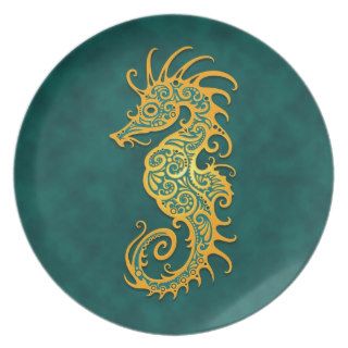Golden Blue Tribal Seahorse Party Plate