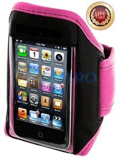 myLife (TM) Hot Pink + Black Velcro Strap (Light Weight Neoprene + Secure Running Armband) for Apple iPod 1st, 2nd, 3rd and iPod 4/4S 4th Generation iTouch (1G/2G/3G/4G) (Universal One Size Fits All + Velcro Secured + Adjustable Length + Sealed Inside myLi