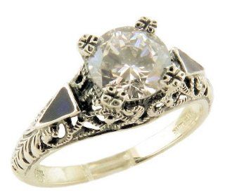 Art Deco Style Sterling Silver .85ct Cubic Zirconia and Enamel Ring Art Deco Rings For Women Jewelry