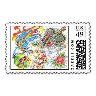 oriental skull koi postage stamp