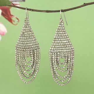 Handcrafted Silvertone Beaded Drape Earrings (India) Earrings