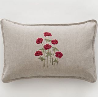 anenomes red embroidered linen cushion by sibona