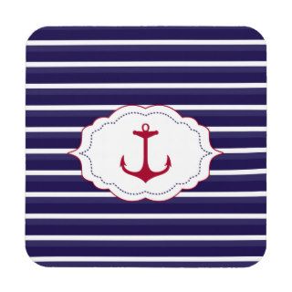 Nautical Dark Blue White Stripes Red Anchor Drink Coaster