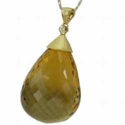 De Buman 18k Yellow Gold Citrine and Diamond Solid Pendant De Buman Gemstone Necklaces
