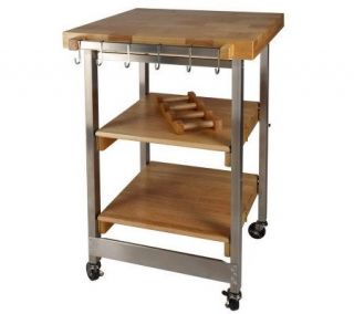 Folding Island Kitchen Cart w/Butcher Block Style Top & S/S Accents —