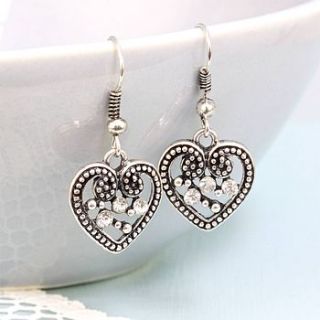 jewel antique silver drop heart earrings by lisa angel