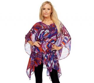 Kris Jenner Kollection Abstract Print Sheer Poncho with Tie Belt —